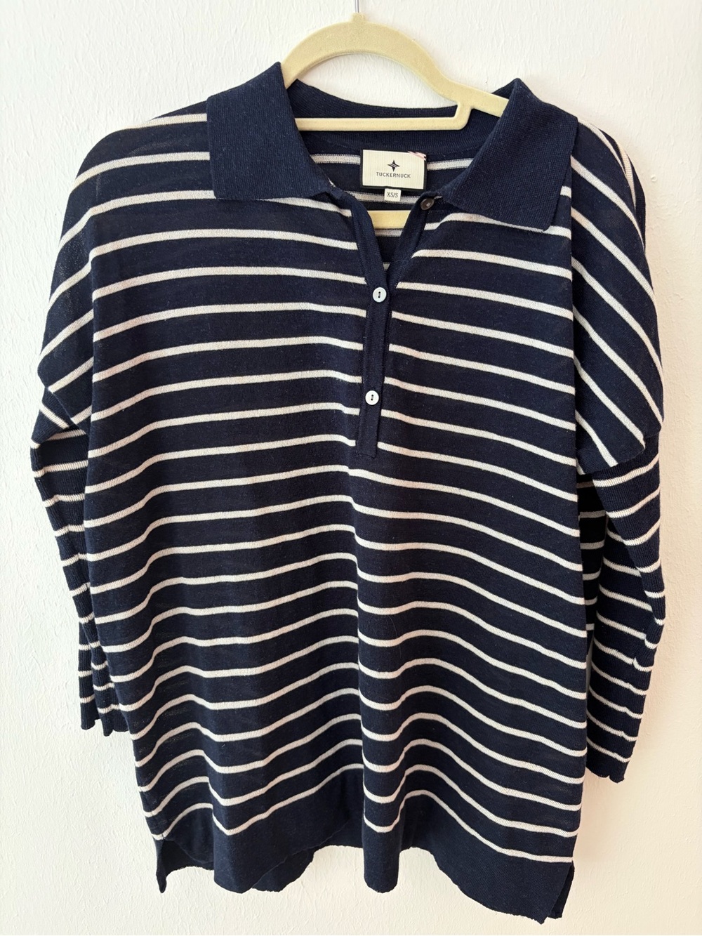 Tuckernuck Clayton Knit Polo Navy Striped Tencel Linen XS